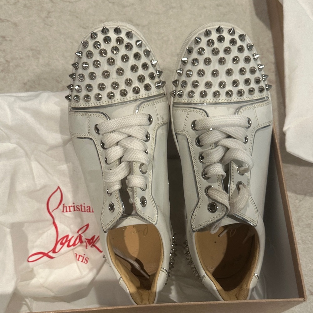 Christian Louboutin White and Silver Spiked Sneakers